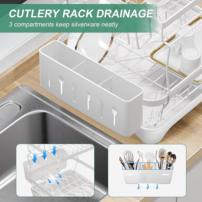 HOMEAILIE Dish Drying Rack, Two-Tier Dish Drying Rack with Utensil Holder and Cutlery Tray – Auto-Draining Large Capacity Dish Drainer with Drainboard for Kitchen Counter, White