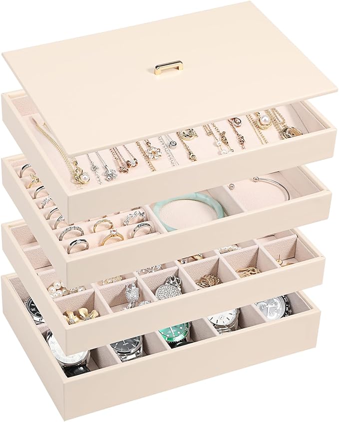 Voova Stackable Jewelry Organizer Tray with Lid, PU Leather Jewelry Storage Holder for Drawer Inserts, Jewellery Display Box Case for Earring Necklace Ring Watch Bracelet (Set of 4, Apricot)