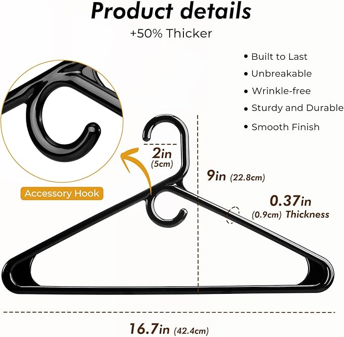 HOUSE DAY Quality Plastic Clothes Hangers 24 Pack – Super Heavy Duty 20lb Capacity Thick Strong Closet Hangers Black for Adult Clothing – Durable for Coats, Jackets, Jeans, Pants