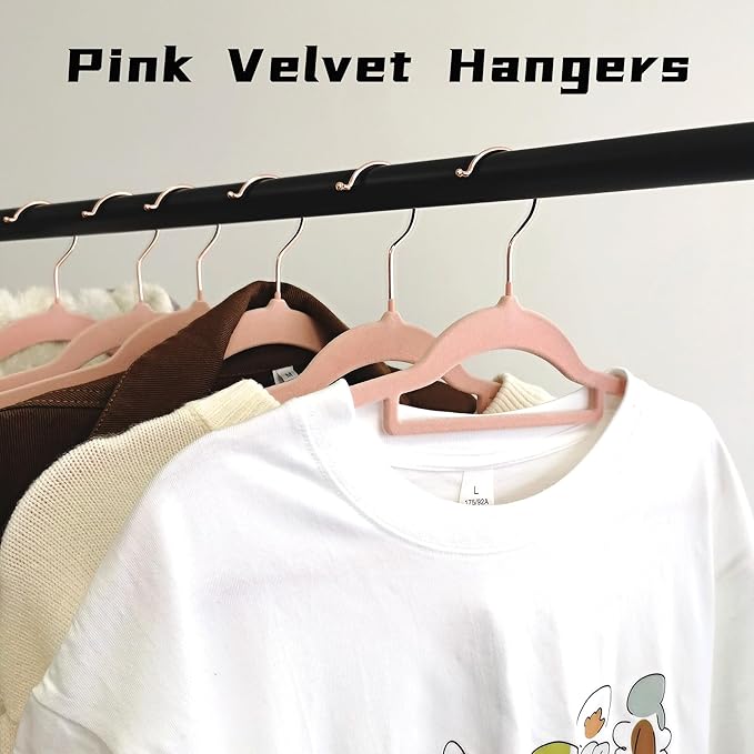 Pink Velvet Hangers 30 Pack - Rose Gold Hook, Space Saving Non-Slip Clothes Hangers, 16.5 Inch with Tie Bar for Coats,Sweater,Jackets,Dresses, Shirts, Suits & T-Shirts