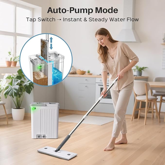 Mop and Bucket Set with AUTO Pump, 3-Zone Separate Dirty and Clean Water Floor Mop, Flat Mop and Bucket System with Wheels and Wringer, 3 Reusable Pads, One-Touch Water Filling for Floor Cleaning
