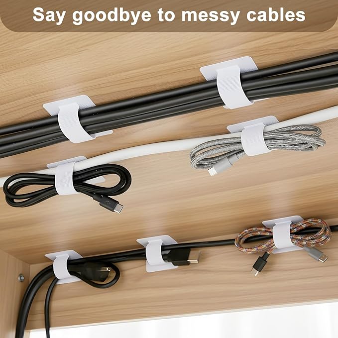 100 Pcs Hook and Loop Cable Straps, Under Desk Cord Management Self Adhesive Cable Ties Adjustable Cord Organizer for Desk Home Office Organization (White)