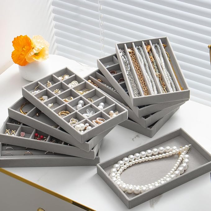 SPAKOWN Jewelry Drawer Organizer Inserts Set of 9, Velvet Jewelry Trays for Drawers, Storage for Earring, Ring, Necklace, Watch, Bracelet (Grey)