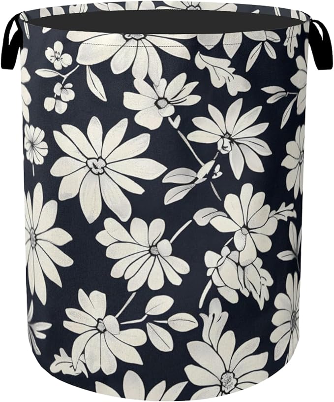 Black White Daisy Laundry Basket - Heavy Duty 60L Dirty Clothes Organizer, Water Resistant Foldable Hamper for Men Women