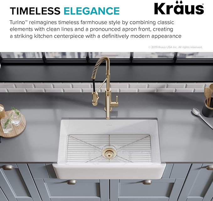 KRAUS KFR1-33GWH Turino Reversible 33-inch Fireclay Farmhouse Flat Apron Front Single Bowl Kitchen Sink with Bottom Grid in Gloss White
