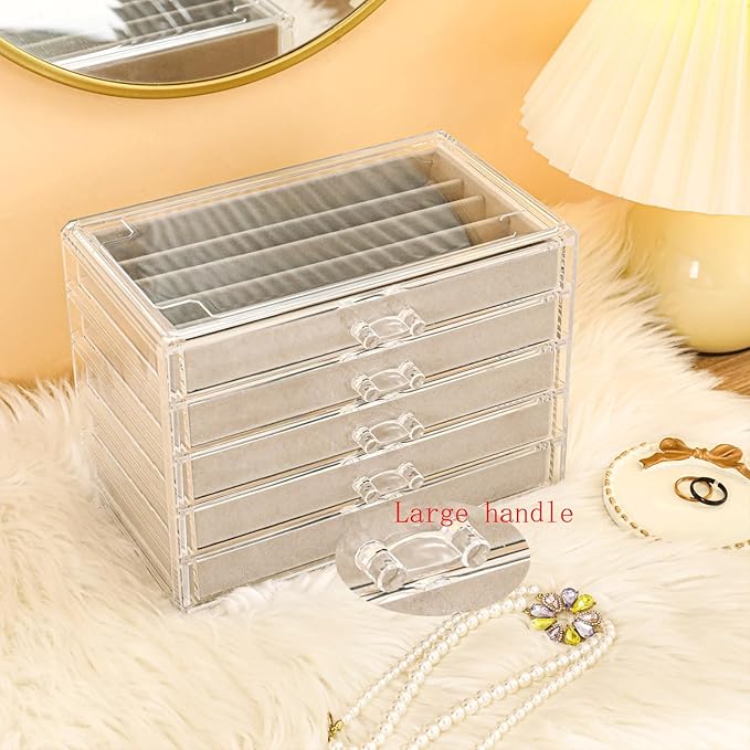 5 Drawerss Necklace Organizer Box, Tray with Clear Lid, Dustproof Velvet Necklaces Holder Storage Display Case, Gery Necklace Tray Drawer Insert for Pendant Suitable for Women and Girls (25 grids)