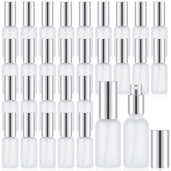 Roshtia 30 Pcs 1 oz/ 30 ml Silver Glass Spray Bottle Refillable Perfume Atomizer Clear Decorative Empty Bottles with Fine Mist Sprayer Pump for Face Body Travel