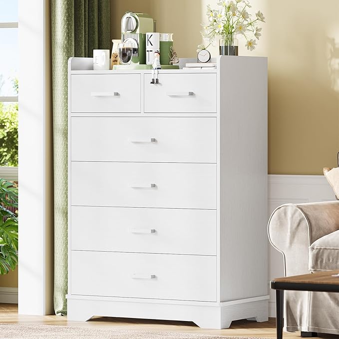 Hasuit White 6 Drawer Dresser, Wooden Storage Chest of 6 Drawers, Vertical Large Capacity Clothing Storage Organizer, Tall Dressers for Bedroom, Hallway, Entryway