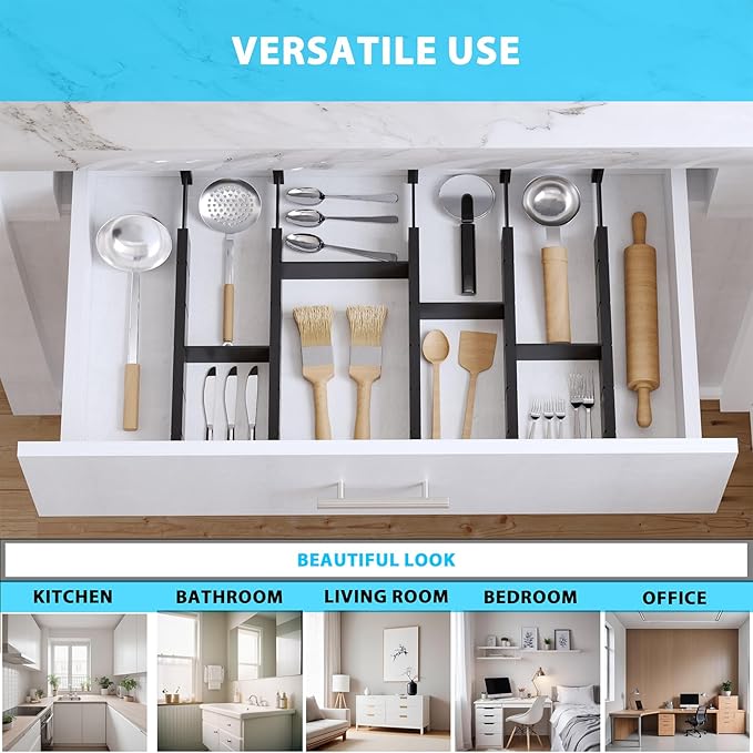 GZOOGHOME 6 Pack Bamboo Drawer Dividers with 12 Inserts, Expandable Adjustable Clothes Drawer Organizers and Storage from 17" to 22" for Kitchen, Bedroom, Dresser, Cosmetics (Black)