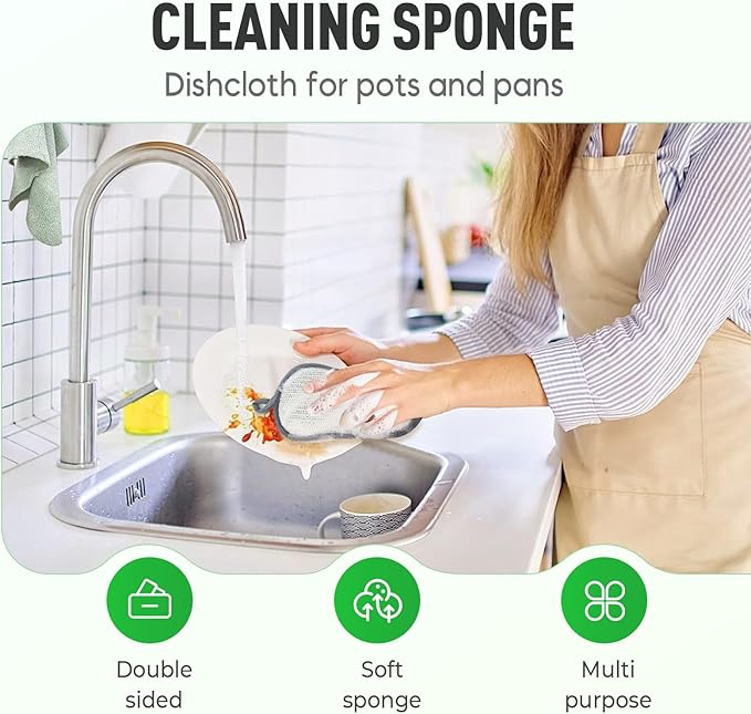 Multipurpose Cleaning Sponges, Non Scratch Double-Sided Heavy Duty Scrub Sponges, Silver Stainless Steel and Multi-Layer Fiber, Metal Scrubbing Pads Sponge Cloths for Home Kitchen (10)