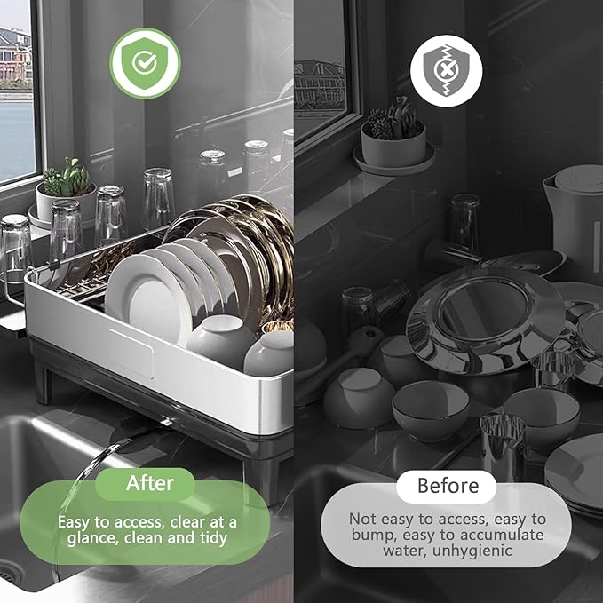 Gugxiom 2 Tier Dish Drying Rack, 304 Stainless Steel Dish Drainer for Kitchen Counter, Extra Large Dish Rack with 360° Rotatable Drain Spout & Cup Holder