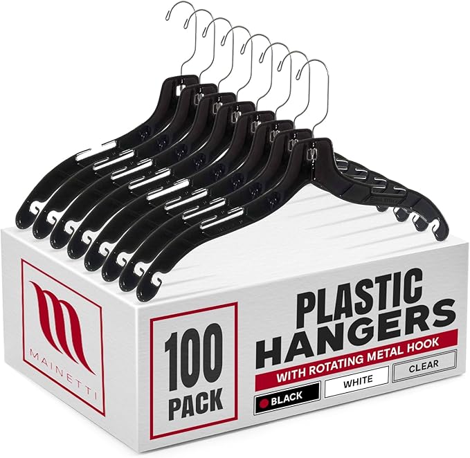 Mainetti 5400 Black Plastic Hangers - 100 Pack with 360 Swivel Metal Hook and Notches for Straps, Great for Shirts/Tops/Dresses/Jackets, 17-Inch