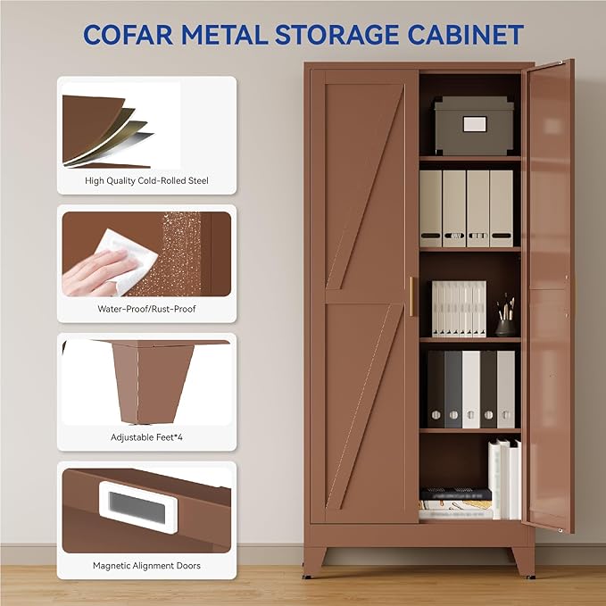 COFaR 71'' Tall Metal Pantry Cabinet, Kitchen Storage Cabinet with Doors and Shelves, Freestanding Farmhouse Food Cupboard for Kitchen Dinning Room Garage, Brown 5-Tier