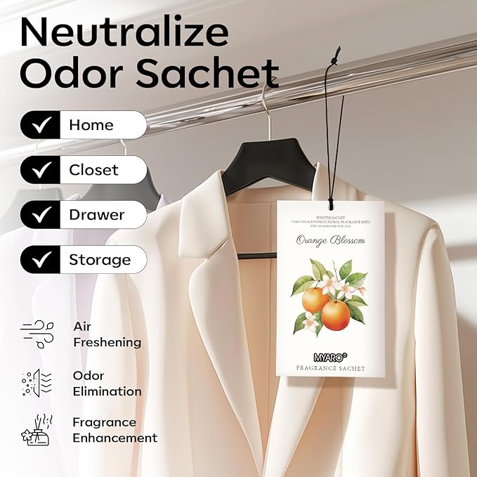 MYARO 12 Packs Orange Blossom Scent Sachets for Closet Home Long Lasting Shoe Odor Deodorizer Bathroom Car Air Frehener