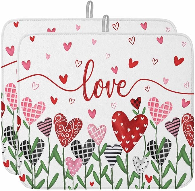 Valentine's Day Dish Drying Mat for Kitchen Counter Pink Red Love Drying Pad Absorbent Drying Mats for Countertops Sinks Draining Racks Romantic Drainer Valentines Holiday Decorations 18x24 Inch