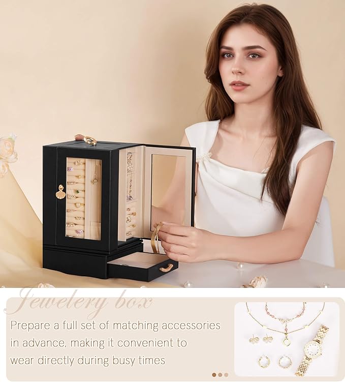Jewelry Box large for Dresser: Women Necklace Ring Storage Organizer with Compartments - Elegant Earring Holder Display (Black)