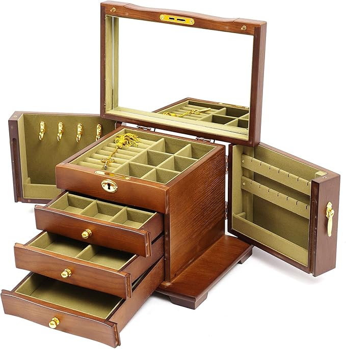 Eapmic Extra Large 4 Layers Wooden Jewelry Box Jewelry Case Cabinet Armoire Ring Necklacel Gift Storage Box Organizer (4 Layers,Brown)