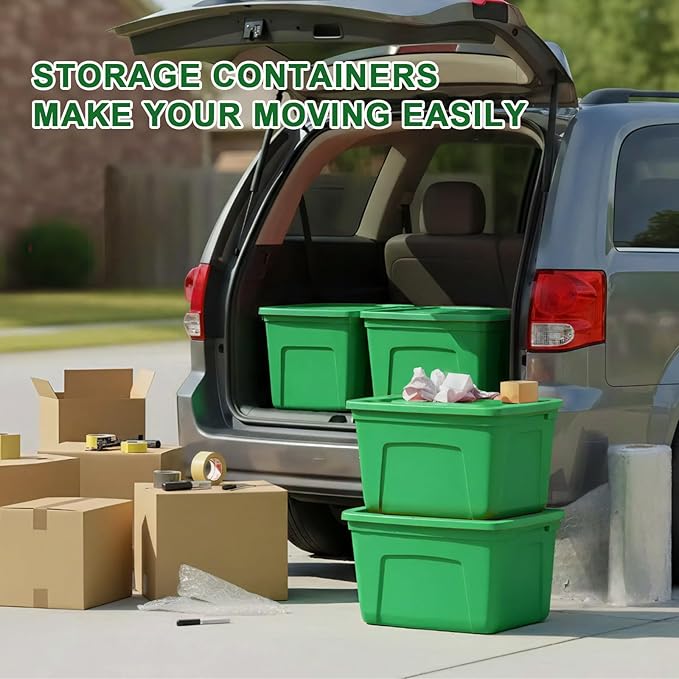 Storage Bins with Lids - Made in USA 18-Gallon (72-Quart) 4-Pack Green Storage Totes with Lids, Plastic Stackable Containers Large Storage Boxes for Home, Bathroom, Office Organization