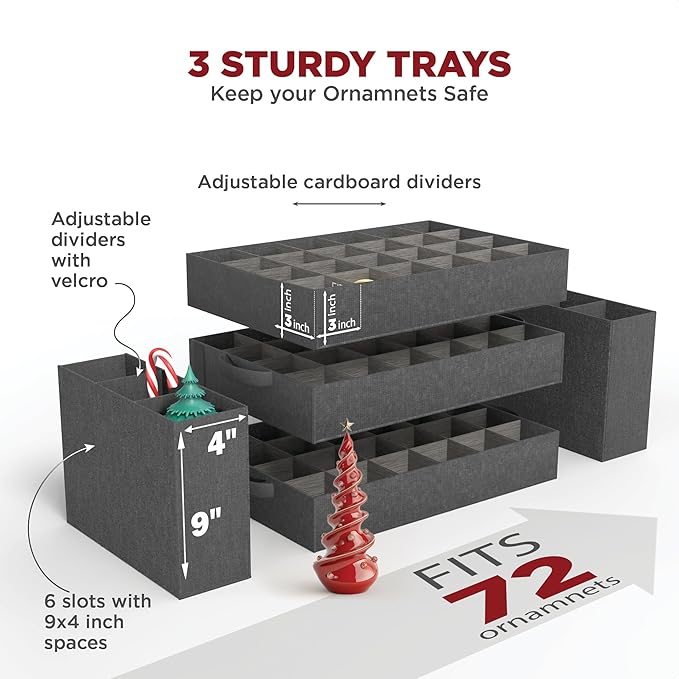 Premium Christmas Ornament Storage Box – Holds up to 72-3” Ornaments + 6 Side Slots for Figurines & Nutcrackers – Holiday Decoration Organizer – Durable 600D Grey Canvas