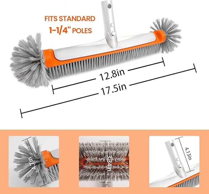 Poolvio Professional 17.5" Floor & Wall Pool Cleaning Brush with Tough Around Nylon Bristles, EZ Clip Aluminum Handle- Easily Sweep from Walls, Floors, Steps (Orange)