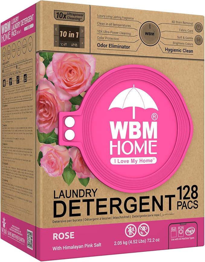 WBM 10-in-1 Laundry Pods, Total 128 Count, High Efficiency, Ultra Concentrate with Powerful Stain Lifter Technology, Fabric Softener With Rose Extracts, Detergent Pods