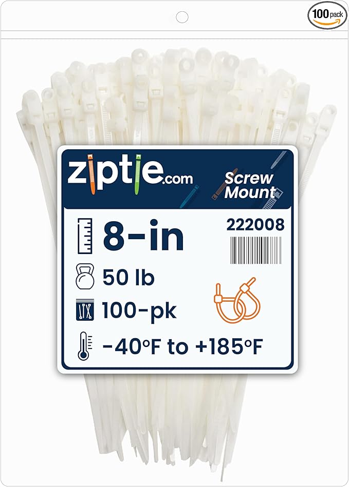ZipTie.com 8-Inch Natural Zip Ties With Screw Hole - 50-lb Tensile Strength Cord Management & Secure Mounting - UL 21 Listed Tie Wraps - Indoor & Outdoor Multi-Purpose (100-Pack)