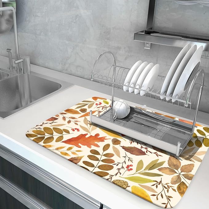 Fall Dish Drying Mat for Kitchen Counter 24x18 Inch Watercolor Autumn Maple Leaf Drying Mat with Absorbent Reversible Microfiber Dish Drainer Mats Rack Pad for Coffee Bar Countertop Protector