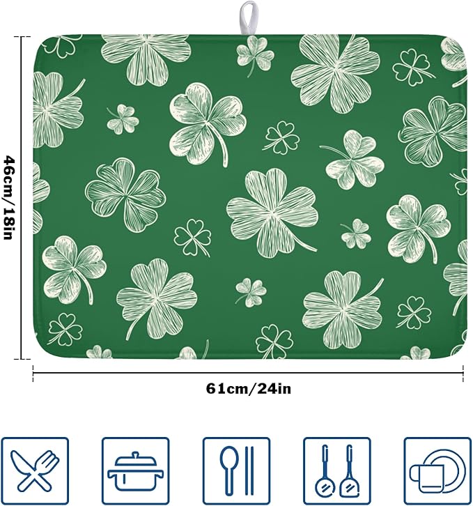 ABSOP St Patrick's Day Dish Drying Mat 18 x 24 Inch Green Shamrock Dish Drainer Rack Mat Absorbent Microfiber Mats for Spring Lucky Clovers Dish Pad for Kitchen Coffee Bar Decor