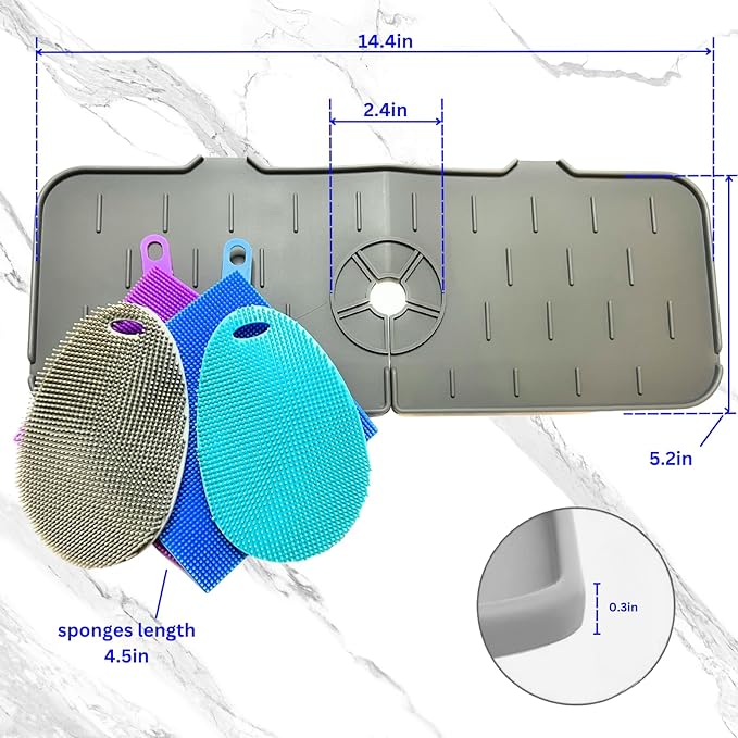 Asiopphire Faucet Mat for Sink - Silicone Scrubber Dish Set, Splash Guard, Food Grade BPA Free Kitchen Scrubber