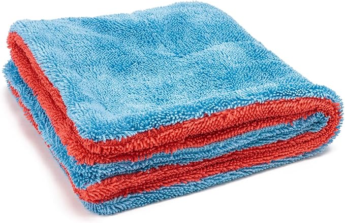 Autofiber Dreadnought Max Triple Layer Microfiber Car Drying Towel, Twist Pile and 1400GSM, Pack of 2 (16 inch x 16 inch) Blue/Red