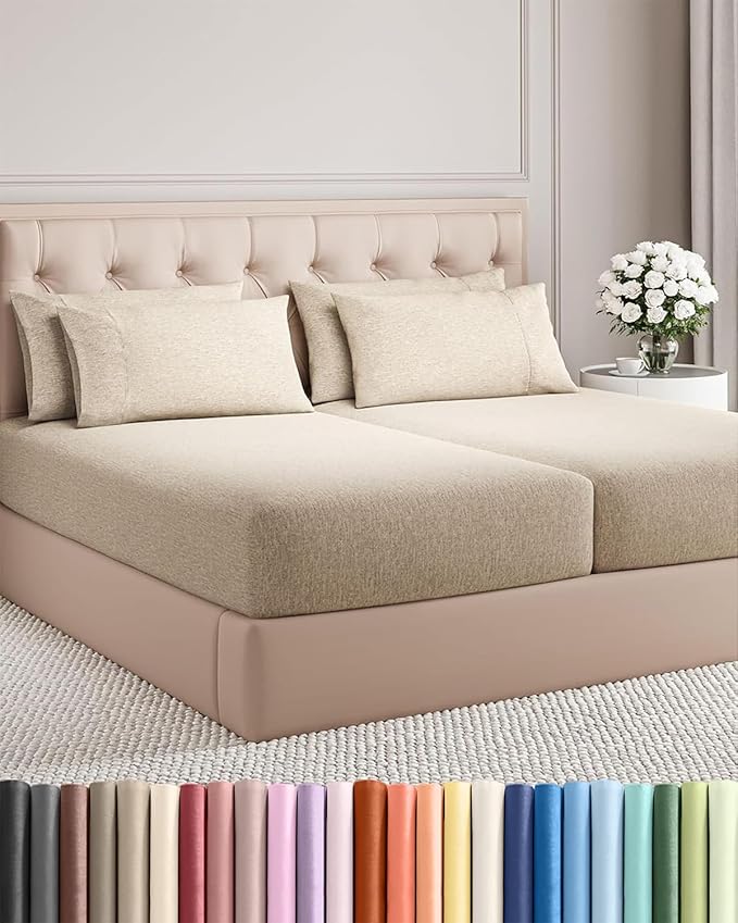 Split King 7 Piece Sheet Set - Comfy Breathable & Cooling - Soft Hotel Luxury Bedding Set w/ 8-16 Inch Deep Pockets - 1 Flat & 2 Fitted Sheet & 4 Pillowcases - Cozy & Wrinkle Free - Heathered Beige