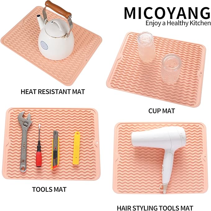 MicoYang Silicone Dish Drying Mat for Multiple Usage,Easy clean,Eco-friendly,Heat-resistant Silicone Mat for Kitchen Counter or Sink,Refrigerator or drawer liner Pink L 16 inches x 12 inches
