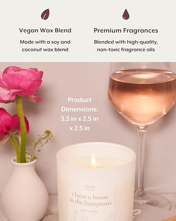 Literie NYC Inspired Scented Candle: I Have A House in The Hamptons - Rosé & Melon Scent, 9oz, 50 Hour Burn, Vegan Soy & Coconut Blend Candle for Home Decor, Gift for Women & Men