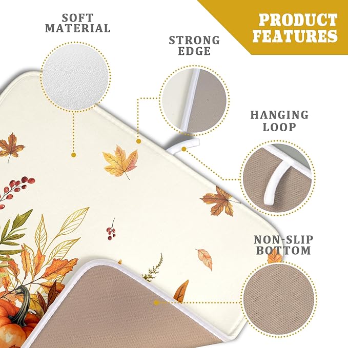 ABSOP Fall Dish Drying Mat for Kitchen Counter 16 x 18 Inch Orange Pumpkin Drying Mat Absorbent Reversible Microfiber Mats for Thanksgiving Decoration Dish Rack Pad Drainer Mat for Coffee Bar