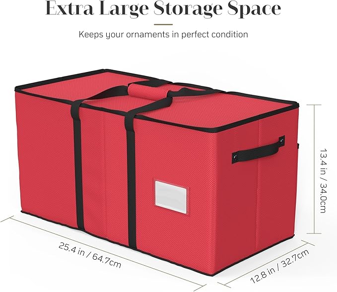 Christmas Ornament Storage Box with 8 Trays, Christmas Storage Container for 128-3'' Holiday Ornament Decorations, Large Xmas Organizer with Adjustable Dividers, Dual Zipper and Pocket - Red