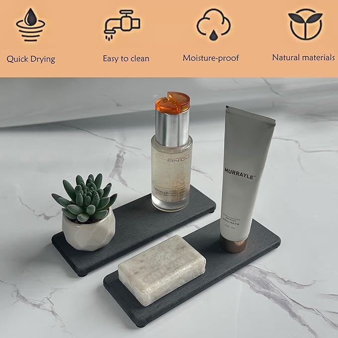 NiuYichee 2 Pcs Water Absorbing Stone Trays, Kitchen/Bathroom Sink Soap Dish, Diatomite Tray Used for Hand Soap & Cosmetic Bottles in The Modern Home, 3.15" W x 8.7" L, Dark Gray