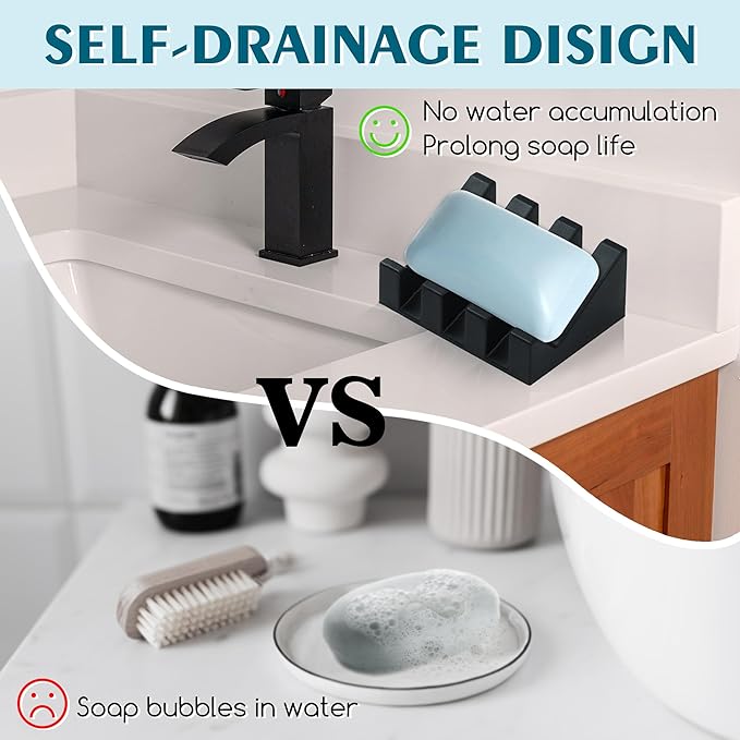 Silicone Soap Dish with Drain, Upgrade Double Suction Cups at The Bottom for Anti-Slip and Stability, Soap Dish Shower Waterfall Bar Soap Holder Tray with Drain Soap Holder (4, Black)