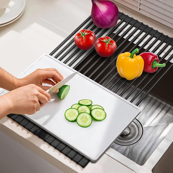 HANZENMA Roll Up Dish Drying Rack Over The Sink Kitchen Roll Up Sink Drying Rack Multipurpose Foldable Sin Drying Mat, Heat-Resistant, Anti-Slip & Anti-Rust Dish Rack for Kitchen, 20.5" x 13", Black