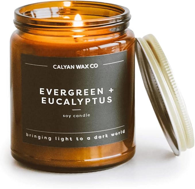 Calyan Wax Co. Evergreen & Eucalyptus Scented Candle - 57 Hour Burn - Luxury Non Toxic Soy Wax Candles - Long Lasting Amber Glass Jar Candle for Home - 7.2oz