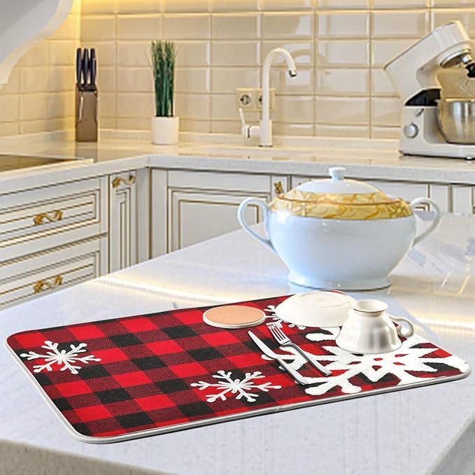 Christmas Red Plaid Snow Snowflake Dish Drying Mat 18x24 inch Red Black Lattice Texture Dish Drainer Kitchen Counter Mats Bottles Dish Dry Pad Protector for Kitchen Countertops