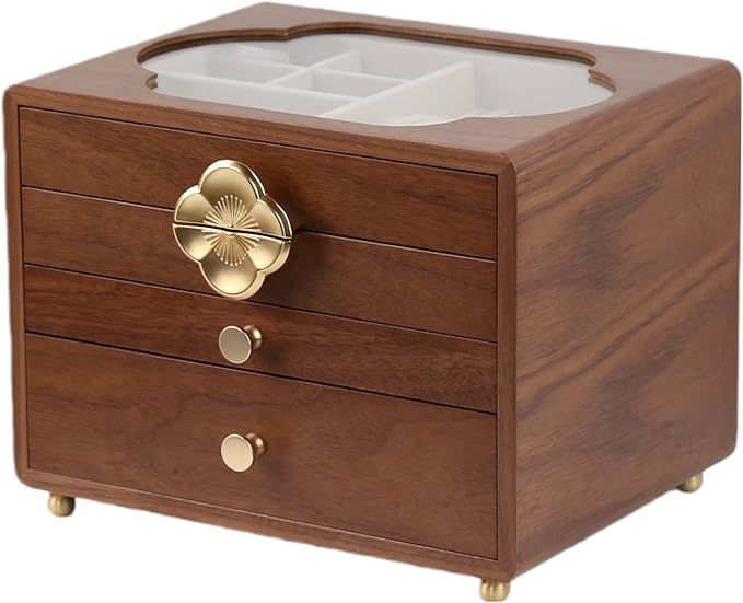 Black Walnut Jewelry Box for Women, 4-Layer Wooden Organizer with Glass Lid, for Watches, Necklaces, Rings & Earrings Storage Gifts