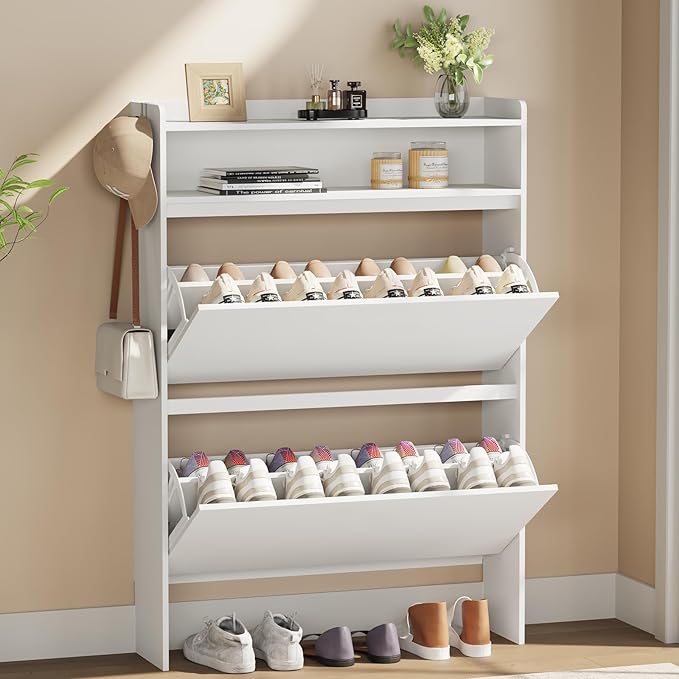 Shoe Cabinet Organizer with 2 Flip Drawers，Freestanding Shoe Rack Cabinet, Shoe Cabinet Storage for entryway, Foyer, Hallway, White, 31.5" W
