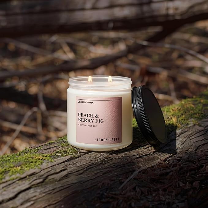 Hidden Label Peach Berry Fig Scented Candle, 12oz Natural Soy Wax, 2 Wick Aromatherapy for Home, 70hours Non Toxic, Clean Burn, Long Lasting, Premium Scents for Relaxation & Stress Relief,Gifts