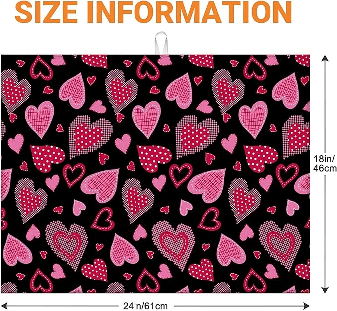 Dish Drying Mat For Kitchen Counter, Pink Love Heart Microfiber Absorbent Dish Drainer Rack Pad Reusable Large 18x24in Drying Mat