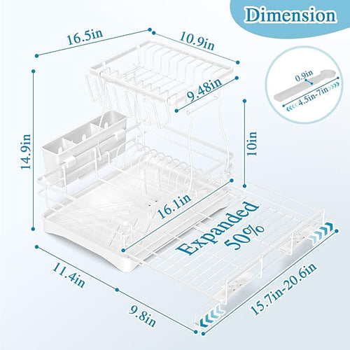 2 Tier Dish Drying Rack, Large Extendable Dish Racks for Kitchen Counter or Over Sink, Dishrack with Drainboard, 2-in-1 Anti-Rust Stainless Steel Dish Drainer with Utensil Holder & Cup Holder (white)
