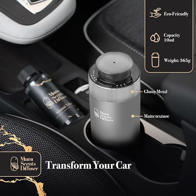 Car Diffuser for Essential Oils + Santal Scent Included Portable Waterless Air Freshener Built-in Battery Ultrasonic Cool Mist Humidifier with 9 Adjustable Modes Aromatherapy for Home Office Bedroom