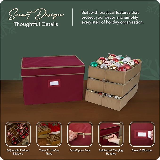 Covermates Keepsakes Adjustable Ornament Storage Box – Heavy-Duty Polyester, Padded Dividers & FlexGrid Trays – Protective Holiday Organizer with Stackable Walls & Label Window, Red