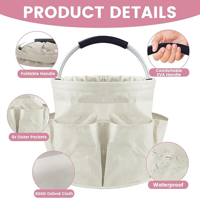 Cleaning Caddy with Handle and 6 Pockets, 17L Cleaning Supplies Organizer, 600D Oxford Fabric Storage Basket, Multifunctional Bucket Bag for Picnics, Camping, Gardening, Bathing (Off-White)