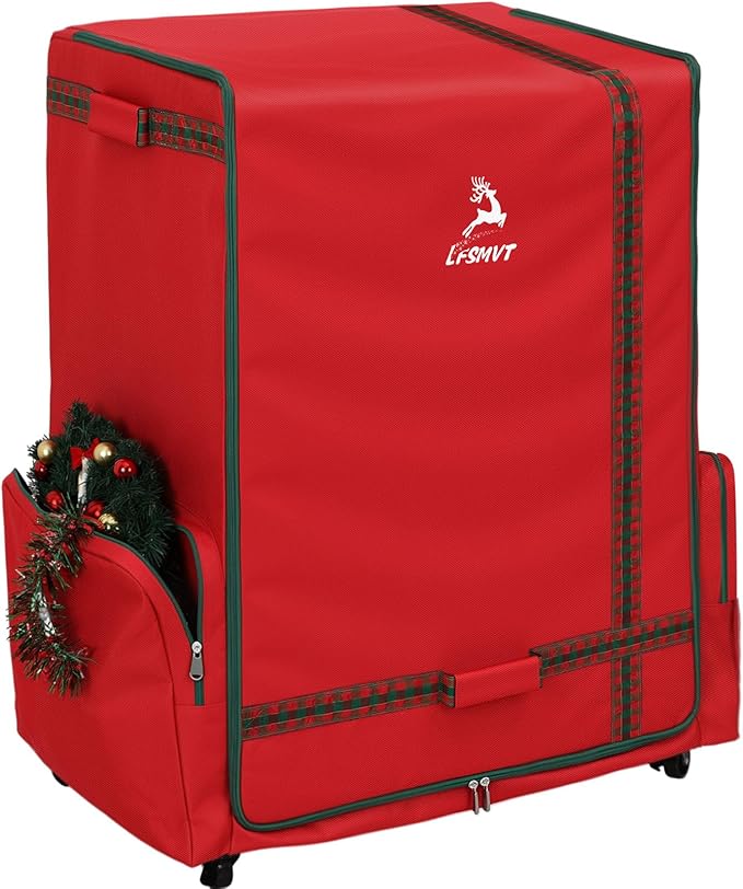 Rolling Christmas Ornament Storage Box - 120Pc Steel-Frame Decor Organizer Chest with Adjustable Dividers, Removable Trays & Side Pockets | Large Holiday Decoration Container on Wheels