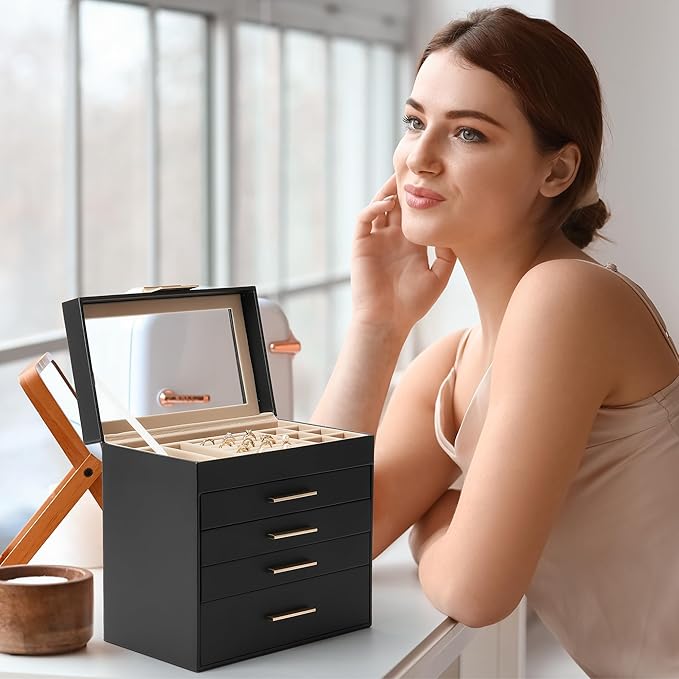 Jewelry Box, 5 Layers Jewelry Storage Display Box with Glass Lid for Women, 4 Drawers,Large Capacity for Necklace Earrings Bracelets Rings, Black